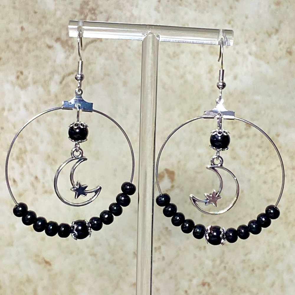 Beaded  hoop earrings  - silver tone with obsidian beads and moon charm
